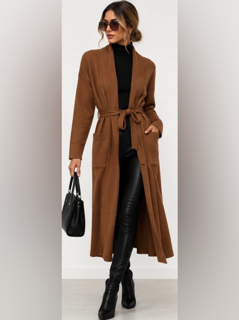 Magaschoni Viscose Blend Belted Duster Cardigan Longline Knit Coat Brown M NWT